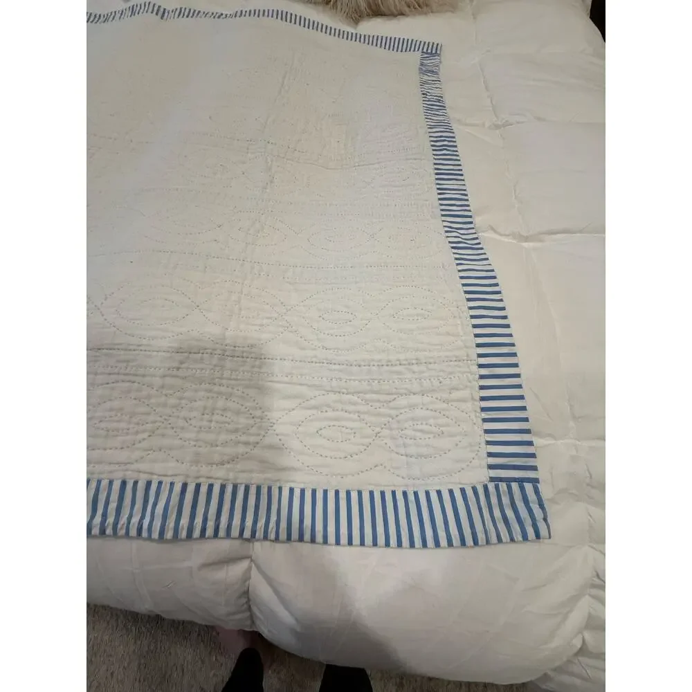 Vintage Heirloom Baby Quilt White with Blue Stripes Crib Blanket Quilt cottage